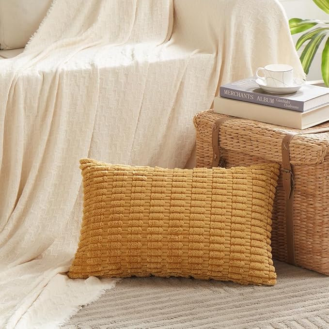 Fancy Homi 4 Packs Mustard Yellow Decorative Throw Pillow Covers 16x24 Inch for Living Room Couch Bed Sofa, Rustic Farmhouse Boho Home Decor, Soft Plush Striped Corduroy Square Cushion Case 40x60 cm
