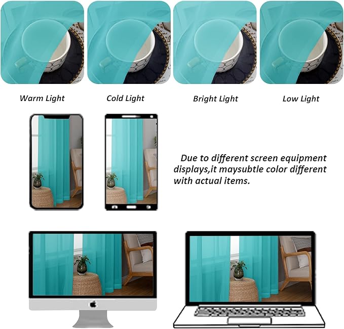 Chyhomenyc Sheer Valances for Windows 2 Pieces, 42Wx14L Inches Small Valance for Living Room Bedroom Study Laundry Basement, Rod Pocket Voile Valance, Turquoise