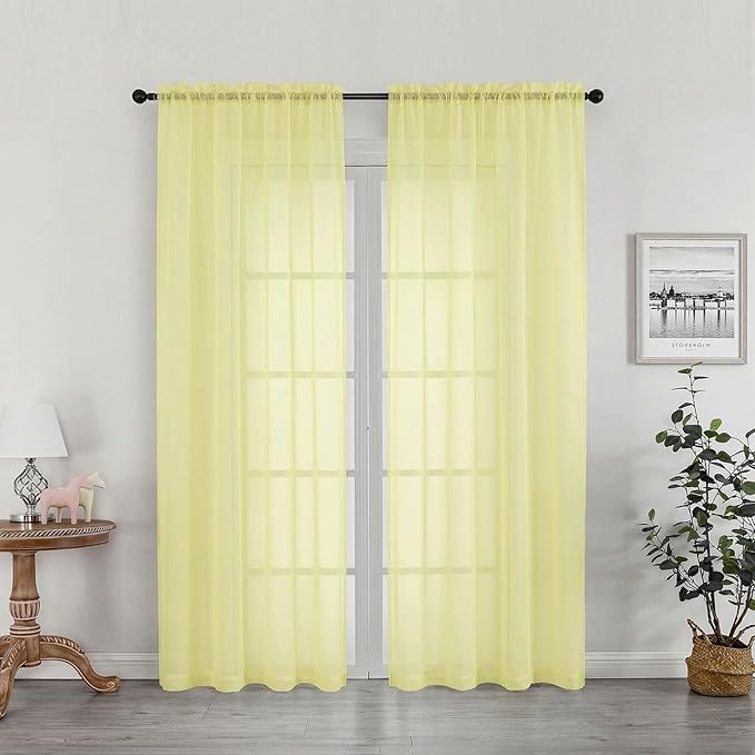 OWENIE Sheer Curtains 78 Inches Long 2 Panels Set for Bedroom Living Room, Soft Solid Light Filtering Sheer Curtain Rod Pocket Clear Drapes for Window Sliding Door, Light Yellow, 42" W x 78" L