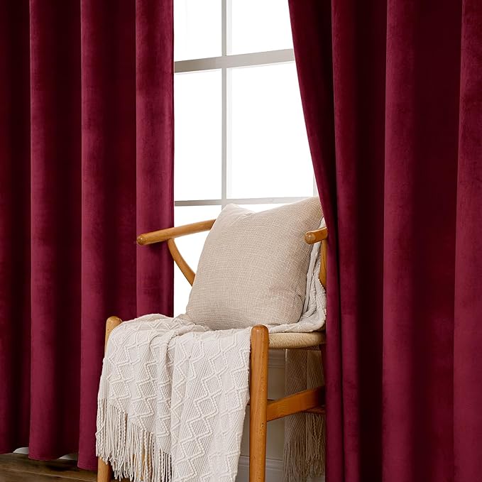MIULEE Christmas Burgundy Velvet Curtains Solid Soft Red Blackout Curtain Grommet Top Thermal Soundproof Room Darkening Curtains/Drapes/Panels for Living Room Bedroom 52 x 63 Inch 2 Panels