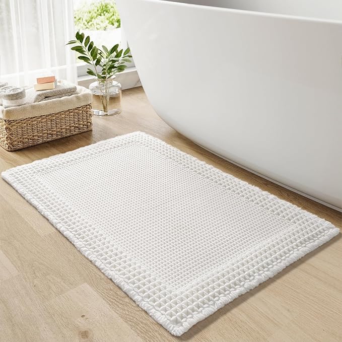 RESARE Waffle Bathroom Runner Rugs, Super Absorbent Bath Mat Non Slip Washable Quick Dry, Upgraded Ultra Soft Boho Bath Rugs with Tassels for Hallway Bedroom Laundry Room, 20"x32" White
