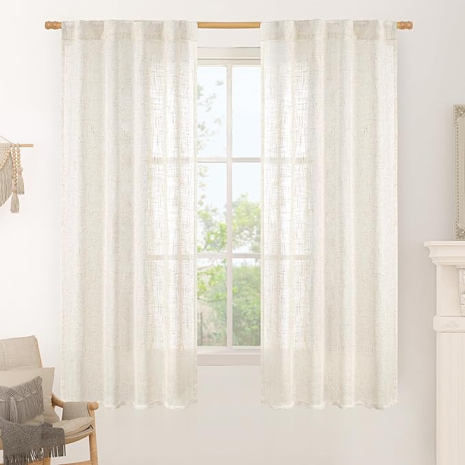 LAMIT Cream Linen Semi Sheer Curtains 63 Inch for Bedroom, Light Filtering Neutral Window Curtains Farmhouse Boho Back Tab and Rod Pocket Panels, 2 Panels, 38 x 63 Inch