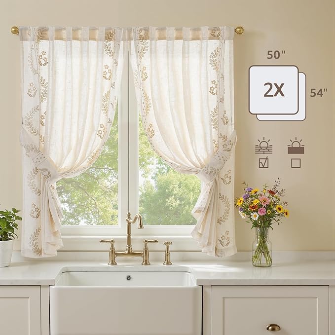 jinchan Belrose Linen Floral Cafe Curtains 54 Inch Length Embroidered Farmhouse Curtains for Kitchen Bedroom Bathroom Small Windows Curtain Set Light Filtering 2 Panels Beige