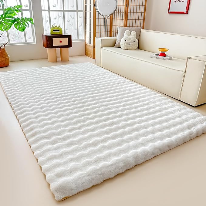 White Rabbit Plush Rug 5'x8', Fluffy Faux Fur Shaggy Area Rug for Nursery, Kids Room Decor, Soft Fuzzy Carpet for Living Room, Bedroom, Teen Girls Room