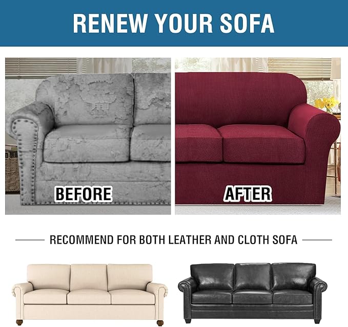 H.VERSAILTEX 4 Piece Stretch Sofa Covers for 3 Cushion Couch Covers for Living Room Furniture Slipcovers (Base Cover Plus 3 Seat Cushion Covers) Thicker Jacquard Fabric (Large Sofa, Burgundy)