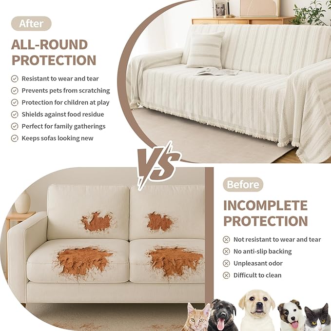 Couch Cover for Dogs, Boho Sofa Covers for 3 Cushion Couch, Chenille Sofa Slipcover for Pets Washable, L-Shape Sectional Loveseat Cover Soft Throw Blankets with Tassels(91x150,Striped Beige)