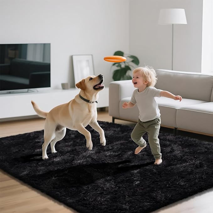 Shag Area Rugs for Bedroom Living Room,5X8 Ultra Soft Fluffy Area Rugs for Dorm,Indoor Carpet Nursery Rugs for Kids Girls Room Home Decor, Black