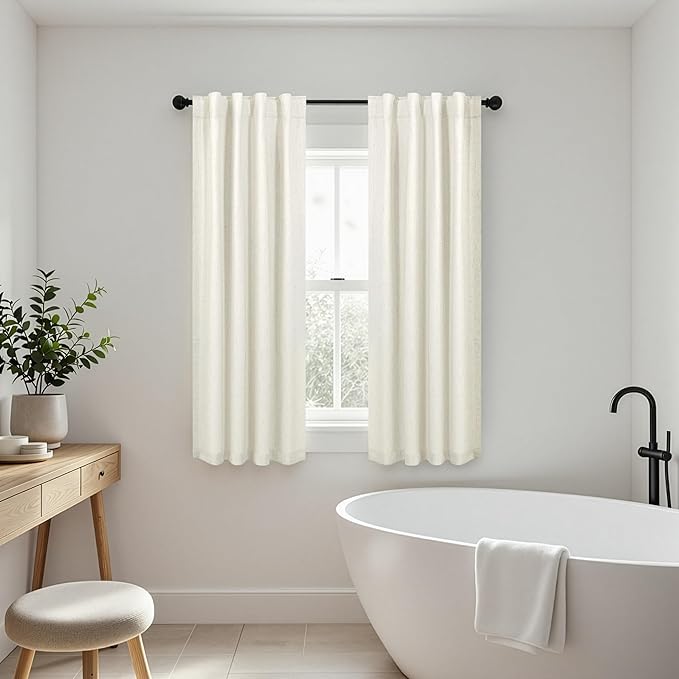 Pitalk 100% Blackout Cream Ivory Linen Curtains 48 Inches Long Linen Textured Living Room Kitchen Curtains Full Room Darkening Black Out Short Curtain for Bedroom Window 2 Panels 36 x 48 Inch Length