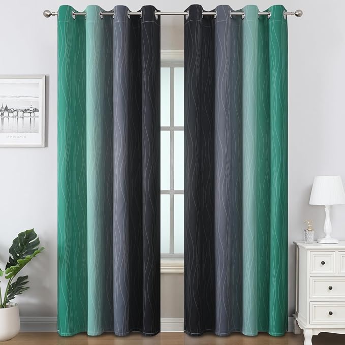 Estelar Textiler Black and Green Ombre Blackout Curtains for Bedroom 102 Inch Long, Thermal Insulated Grommet Complete Room Darkening Gradient Drapes for Living Room, 52Wx102L,2 Panels