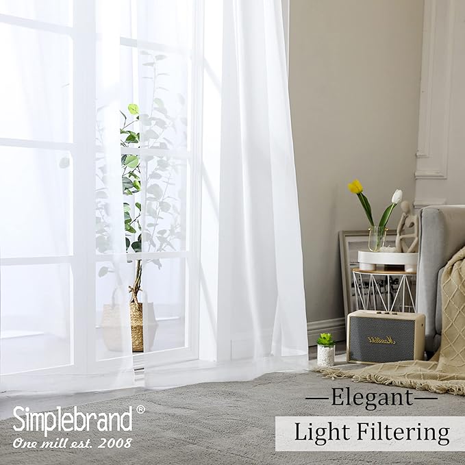 Simplebrand Sheer White Curtains 120 Inches Long, Extra Long Rod Pocket Solid Color Window Sheer Curtain Panels, Elegant Curtains & Drapes for Living Room, Bedroom 2 Panels (White, 2x42x120'')