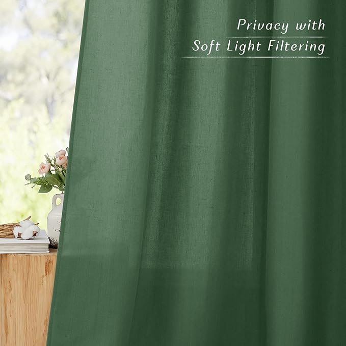 NICETOWN Linen Flax Semi Sheer Curtains 92" Length, Grommet Window Treatments Privacy Added with Light Penetration Vertical Drapes for Loft/Home Office, Olive Green, W55 x L92, 2 Panels