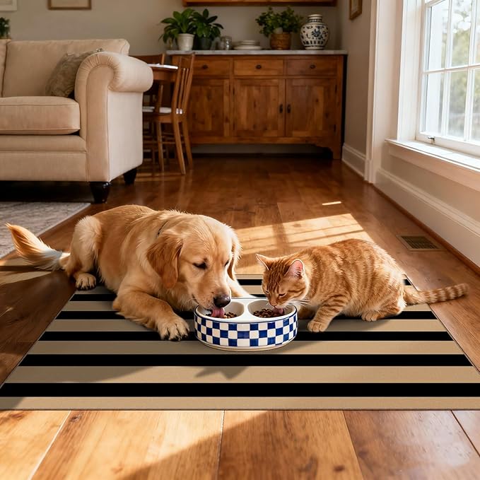 Front Door Mat Outside Entrance - 2x3 Black Tan Striped Non-Slip Washable Doormat Indoor Outdoor Mat Entry Rug Small Throw Rugs for Entryway Kitchen Bedroom Front Porch Decor