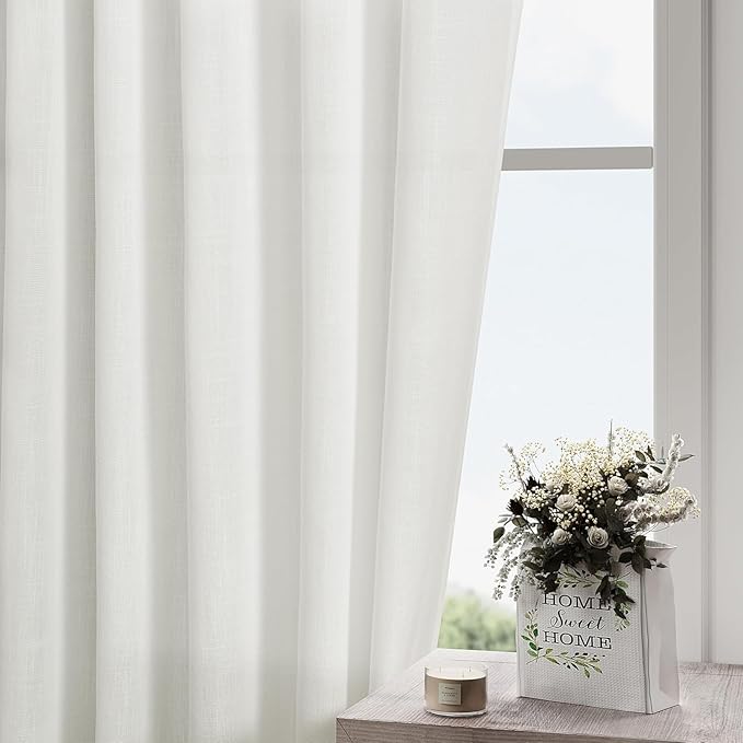 Off White Linen Sheer Curtains 102 Inches 2 Panels Set Back Tab Rod Pocket Extra Long Semi Sheer Light Filter Vintage Curtain Drapes Room Decor Aesthetic Curtains for Living Room High Window 40x102