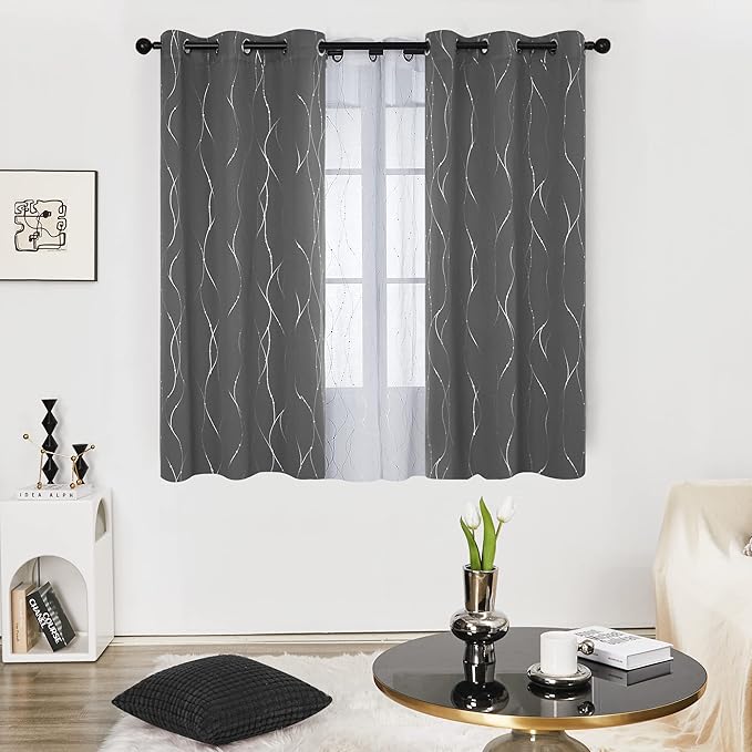 Deconovo Kitchen Curtains, Short Blackout Drapes 42 x 45 Inch, Thermal Insulated Soundproof Grommet Drape, Silver Wave Dots Foil Print Curtain for Small Windows, Living Room, Light Grey, Set of 2
