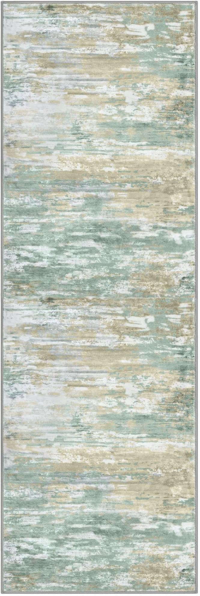 KOZYFLY Modern Abstract Runner Rugs 2x6 Light Green Yellow Machine Washable Area Rug for Bedroom Non-Slip Living Room Rug, Faux Wool Soft Low Pile Office Carpet for Bedroom, Kitchen Bathroom