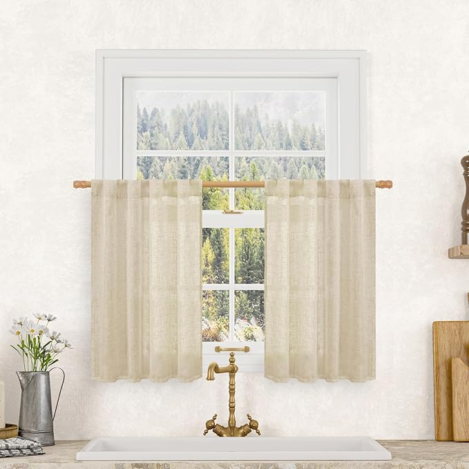 LAMIT Linen Kitchen Curtains 30 Inch Length, Semi Sheer Light Filtering Window Panels Back Tab and Rod Pocket Drapes for Cafe/Small Windows, Linen, 25 x 30 Inch, 2 Panels