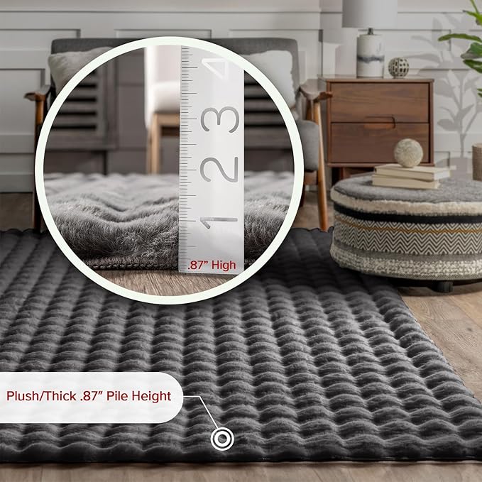Nuloom Jeni Dark Grey, 3' x 5', Solid Faux Rabbit, Fluffy and Cozy, High Traffic, Stain Resistant, Easy Clean, Durable Washable Area Rug for Bedroom, Living Room, Dining, Den, Foyer, Entryway