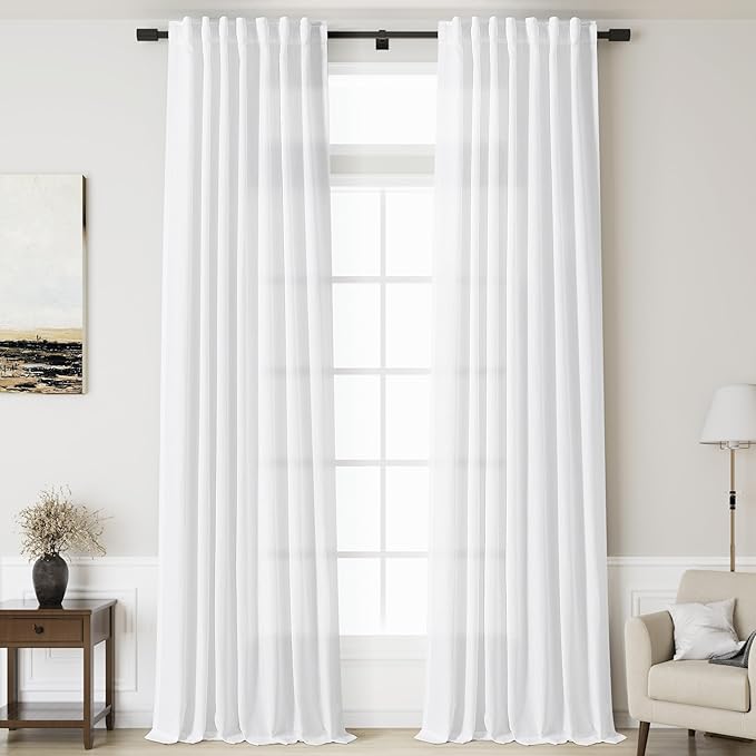 Nanspring White Linen Curtains 140 Inches Long 2 Panels Set for Living Room Extra Long Back Tab Curtains Light Filtering Semi Sheer Linen Drapes Ceiling to Floor for Large Window Farmhouse 52x140