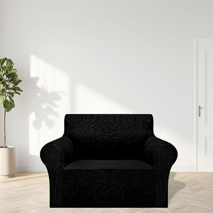 Cupuamon 2026 New Stretch Chair Sofa Slipcovers Couch Cover for 1 Seater Furniture Protector Sofa Covers with Elastic Bottom Jacquard Fabric Small Checks for Pets, Kids - Black