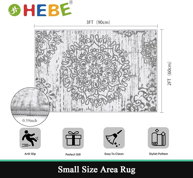 HEBE Washable Area Rug - 2'x3' Non Slip Soft Distressed Medallion Bedroom Boho Living Room Accent Throw Vintage Entry Floor Carpet for Dining Room Bathroom Entryway