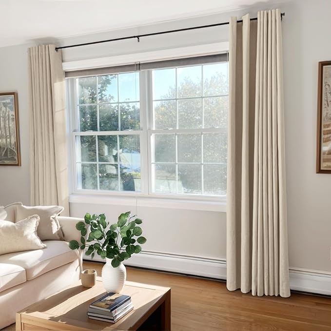 100% Blackout Shield Linen Blackout Curtains for Bedroom, Natural Flax Grommet Curtains for Living Room, Thermal Insulated Room Darkening Drapes for Nursery, Boho Home Decor, 50" W x 84" L, 2 Panels