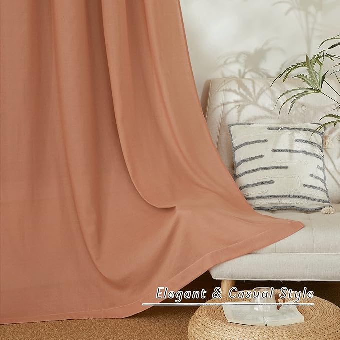 NICETOWN Linen Flax Semi Sheer Curtains 92" Length, Grommet Window Treatments Privacy Added with Light Penetration Vertical Drapes for Loft/Home Office, Terracotta, W55 x L92, 2 Panels