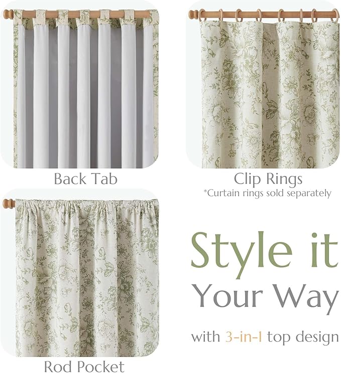 jinchan Blackout Floral Curtains for Living Room Bedroom Linen Blend Curtain Farmhouse Green Printed with Lined Back Tab Rod Pocket Drapes Window Treatments 2 Panels 63 Inch