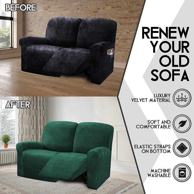ULTICOR Reclining Love Seat Slipcover, 48" - 65" L, 6-Piece Velvet Stretch Loveseat Reclining Sofa Covers, 2 seat Love seat Recliner Cover, Thick, Soft, Washable, Love seat Slipcovers (Retro Green)