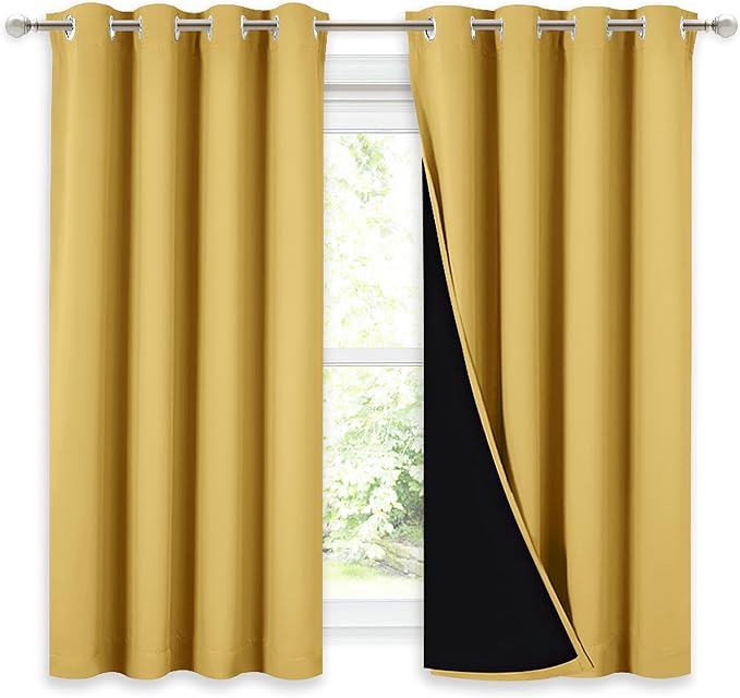 NICETOWN 100% Blackout Curtains with Black Liners, Thermal Insulated Full Blackout 2-Layer Lined Drapes, Noise Cancellation Window Drapes for Dining Room (Bright Yellow, 2 Panels, 52" W by 54" L)