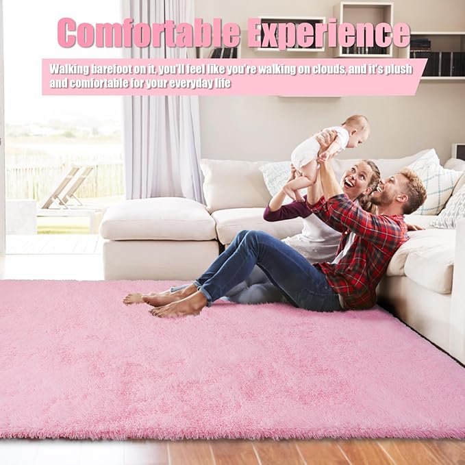 Ultra Soft Fluffy Area Rugs for Bedroom Living Room 10x14, Nursery Rug, Non-Slip Carpet for Kids Dorms Decor, Shaggy Bedside Rug, Pink