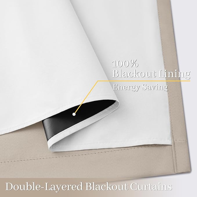 Yakamok 100% Blackout Curtain Panels 72 inches Cold and Light Blocking Drapes for Nursery, 2 Thick Layers Thermal Insulated Draperies (2 Pieces, 50 Wide Each Panel, Natural Front with White Backing)
