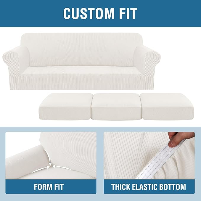 H.VERSAILTEX 4 Piece Stretch Sofa Covers for 3 Cushion Couch Covers for Living Room Furniture (Base Cover Plus 3 Seat Cushion Covers) Upgraded Thicker Jacquard Fabric (Sofa, Porcelain White)