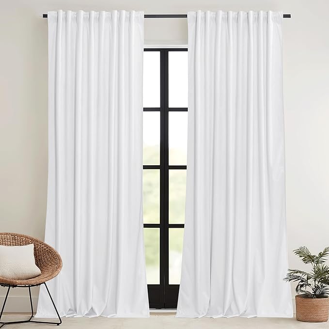 RYB HOME White Velvet Curtains 102 inches with Hook Belt, Soft Fabric Room Darkening Thermal Insulated Luxurious Home Decor Curtains for Living Room Bedroom, W 52" x L 102", 2 Panels Set