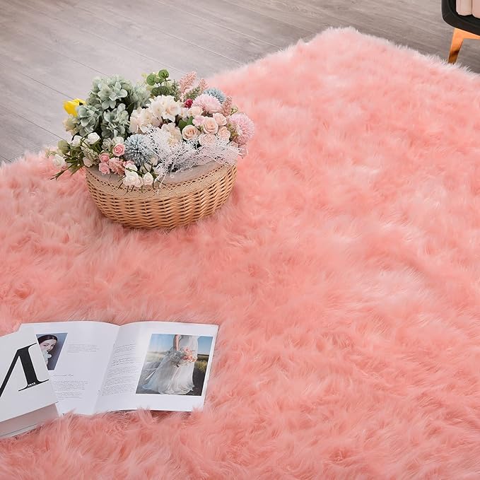 ORINOVA Pink Fluffy Sheepskin Fur Area Rugs for Bedroom Washable Furry Carpet Rug for Living Room Faux Fur Rug 2x3 Nursery
