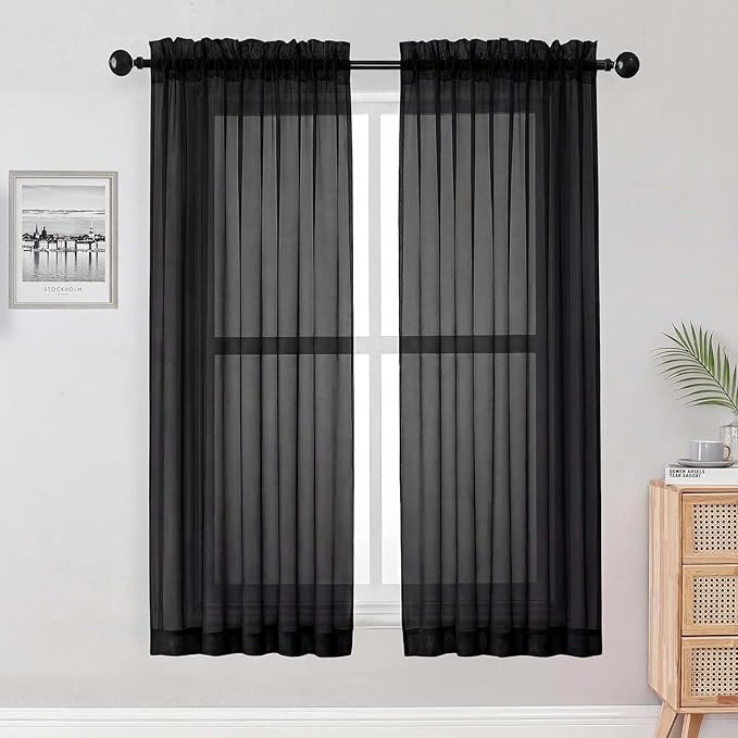 OWENIE Black Sheer Curtains 68 Inch Length 2 Panels Set for Bedroom Living Room, Light Filtering Voile Sheer Curtains, Airy Rod Pocket Farmhouse Curtain, Black, Each 42Wx68L inch