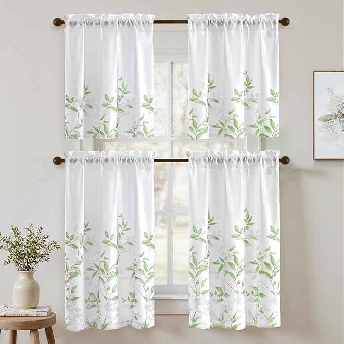HOMEIDEAS Kitchen Curtains, Short Non-See-Through Privacy 30X24 Inch Length Tier Curtains, Green and White Leaf Floral Print Light Filtering Semi Sheer Small Window Drapes for Bathroom Cafe, 2 Panels