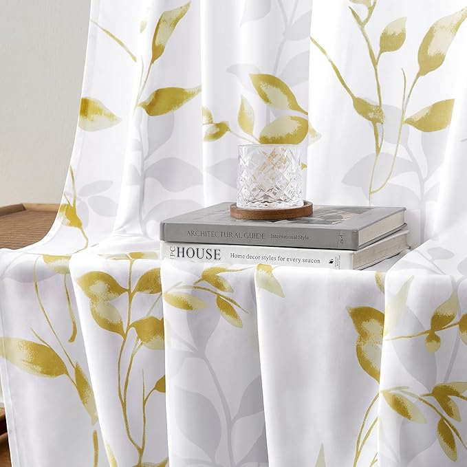 HOMEIDEAS Non-See-Through Gold and White Privacy Sheer Curtains 52 X 84 Inch Length 2 Panels, Leaf Floral Printed Light Filtering Semi Sheer Window Curtains Drapes for Bedroom Living Room