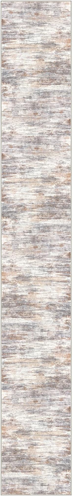 KOZYFLY Modern Abstract Washable Long Runner Rug 2.6x18 Hallway Rug Runner Non-Slip Soft Kitchen Runner Rugs, Multi Grey/Orange 18 Foot Carpet Runners for Stair Entryway Bathroom