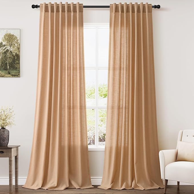 Extra Long Camel Linen Curtain 108 Inches Long 2 Panels Set Back Tab Drapes for Living Room Lively Farmhouse Light Filtering Semi Sheer Linen Curtains 108 Inch Length for Large Window 52x108