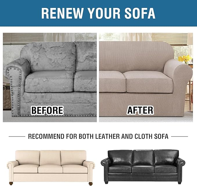 H.VERSAILTEX 4 Piece Stretch Sofa Covers for 3 Cushion Couch Covers for Living Room Furniture Slipcovers (Base Cover Plus 3 Seat Cushion Covers) Thicker Jacquard Fabric (Large Sofa, Sand)