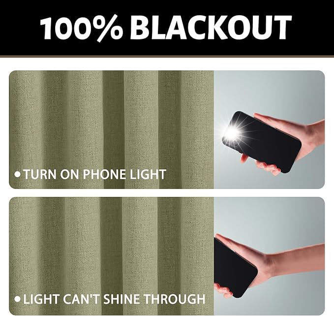 Yakamok Sage Green Linen Curtains 100% Blackout 72 Inches Long,Room Darkening Textured Curtains for Living Room Thermal Grommet Bedroom Curtain 2 Panels with Greyish White Liner