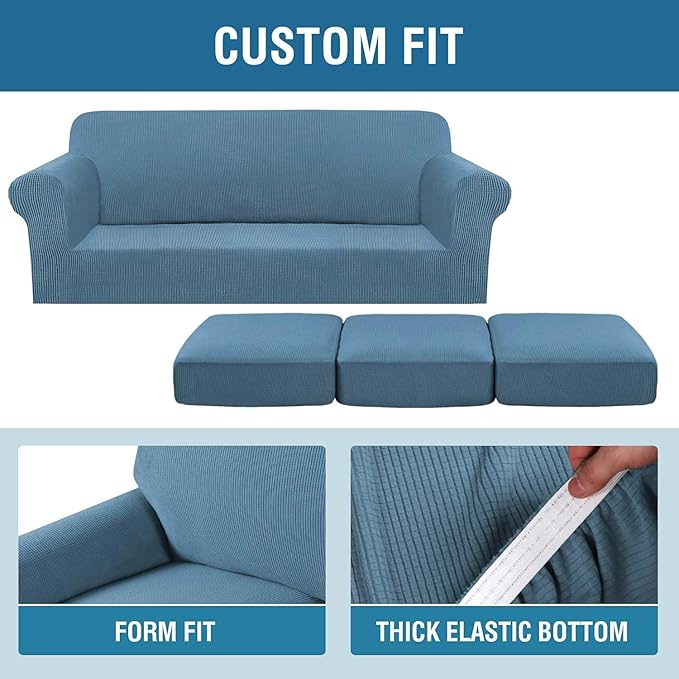 H.VERSAILTEX 4 Piece Stretch Sofa Covers for 3 Cushion Couch Covers for Living Room Furniture Slipcovers (Base Cover Plus 3 Seat Cushion Covers) Upgraded Thicker Jacquard Fabric (XL Sofa, Dusty Blue)