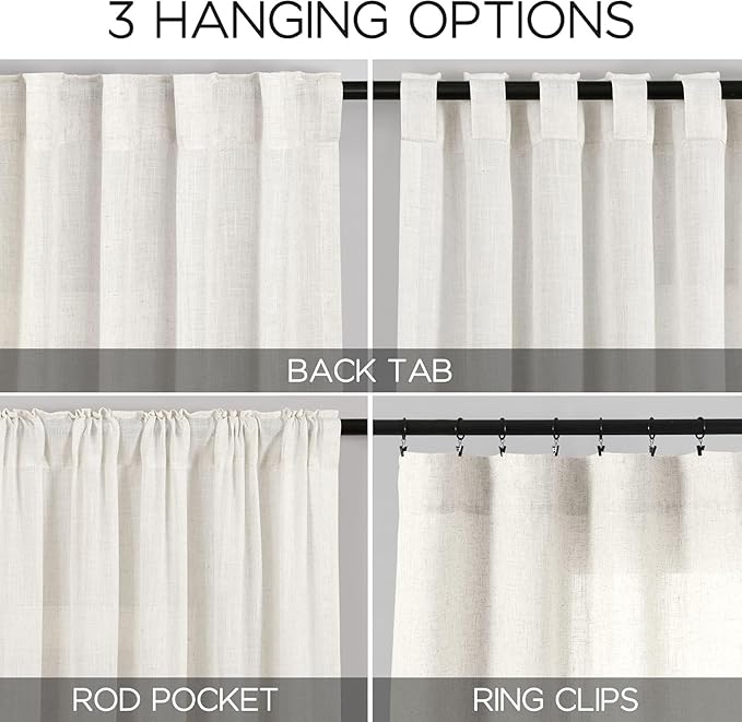 Nanspring Beige White Linen Curtains 96 Inches Long for Living Room Semi Sheer Linen Blend Curtains Back Tab Rod Pocket Light Filtering Farmhouse Coastal Decor Curtain for Bedroom 60x96, 2 Panels