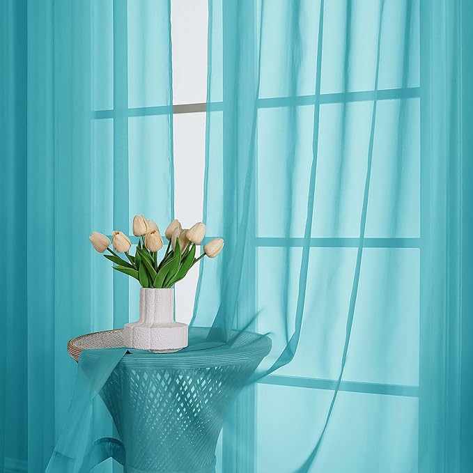 OVZME Turquoise Sheer Curtains 72 Inches Long 2 Panels Set, Light Filtering Sheer Curtains for Living Room Bedroom 59 Inch Extra Wide, Modern Voile Filmy Rod Pocket Window Drapes, 59Wx72L Inches