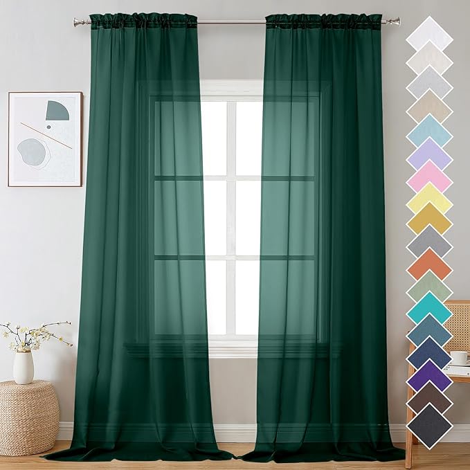 OVZME Hunter Green Sheer Curtains 96 Inches Long 2 Panels - Soft Light Filtering Window Sheer Panels for Living Room/Bedroom, Top Dual Rod Pocket, 1 Pair, Each 42Wx96L Inches