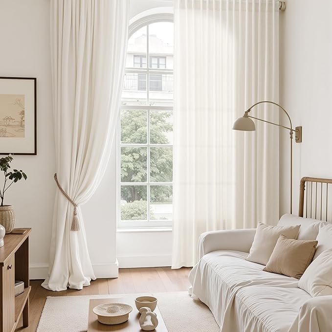 Nanspring Modern Linen Curtains for Living Room 90 Inches Long Light Filtering Semi Sheer Curtain Back Tab Neutral Luxury Modern Farmhouse Decor Linen Blend Drapes for Bedroom 52x90, 2 Panels
