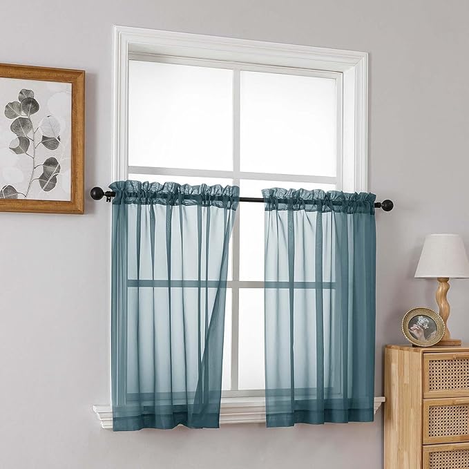 Small Sheer Curtains Tier 24 Inches Length 2 Pieces, Light Filtering Cafe Curtains for Living Room Bathroom, Modern Window Treatments Dual Rod Pocket Panels, Dusty Blue, 2X42Wx24L Inches