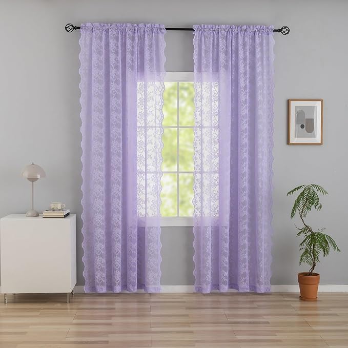 YJ YANJUN Vintage Lace Curtains 96 Inches Long-Victorian Floral Pattern Lavender Sheer Curtain Panels for Living Room Bedroom,Light Filtering, Romantic Girly Drapes 2 Panels 52W x 96L Light Purple