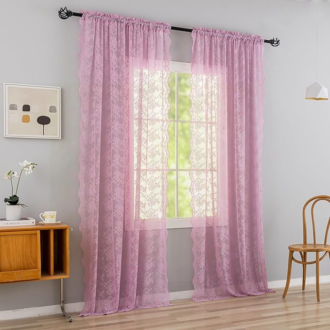 YJ YANJUN Vintage Lace Curtains 108 Inch Long-Victorian Floral Pattern Lilac Sheer Curtain Panels for Living Room Bedroom,Light Filtering, Cute Girls Drapes 2 Panels 52W x 108L Purple Blush