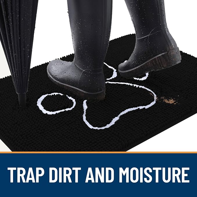 OLANLY Dog Door Mat for Muddy Paws 44x32, Paw Print Design, Absorbs Moisture and Dirt, Absorbent Non-Slip Washable Doormat, Quick Dry Chenille Mud Mat for Dogs, Entry Indoor Entryway Carpet, Black